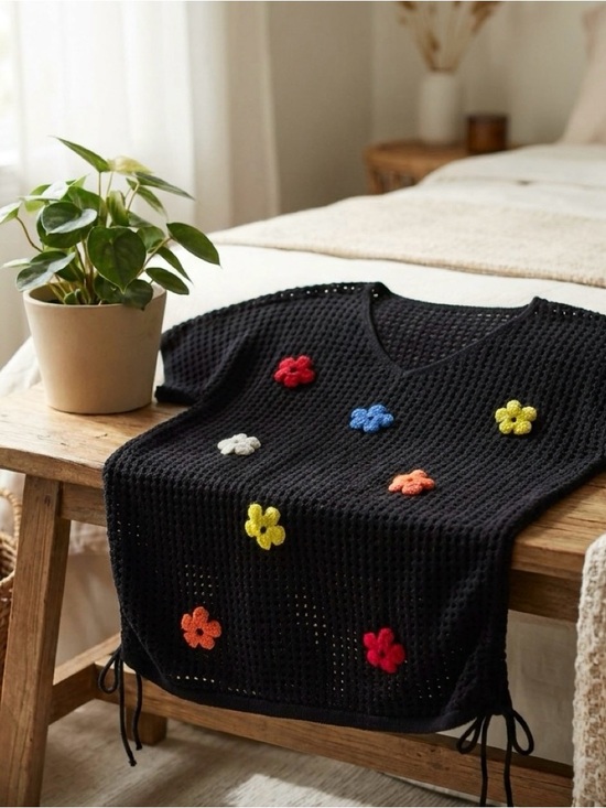 BloomChic Sweaters - Black V-Neck Crochet Flower Coverlet